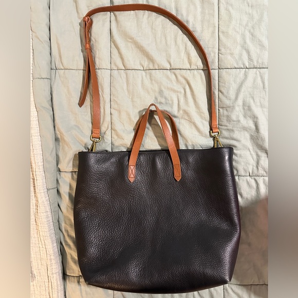 Madewell Zip Top Transport Tote Bag Black with Brown handles - Picture 1 of 2